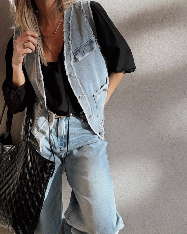 Beau Blue Frayed Edge Flap Pockets Denim Vest Jacket