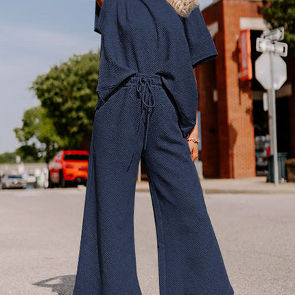 Black Textured Loose Fit T Shirt and Drawstring Pants Set