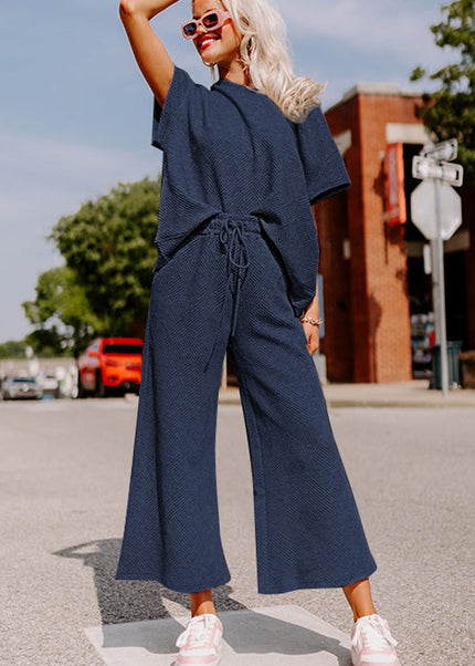 Black Textured Loose Fit T Shirt and Drawstring Pants Set