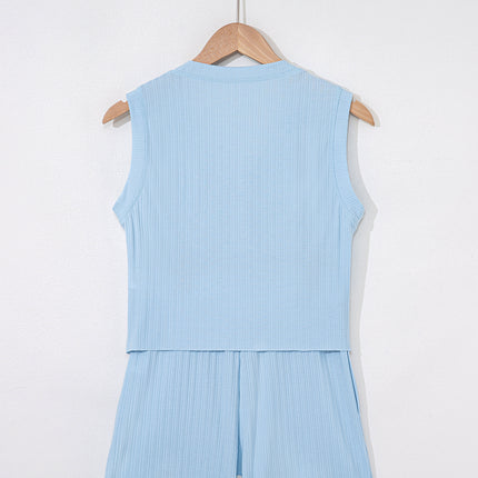 Gossamer Pink Ribbed Button V Neck Tank Top and Shorts Set