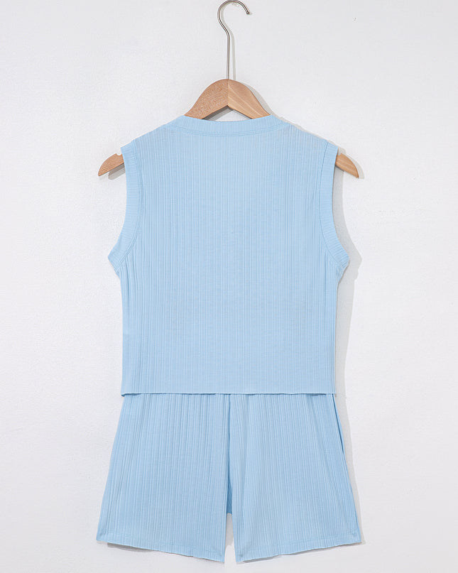 Gossamer Pink Ribbed Button V Neck Tank Top and Shorts Set
