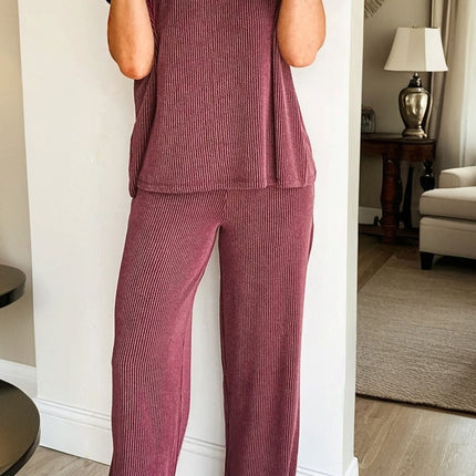 Dark Grey Twisted Ribbed High Neck Loose Tee Elastic High Waist Loose Pant Set