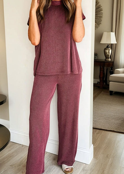 Dark Grey Twisted Ribbed High Neck Loose Tee Elastic High Waist Loose Pant Set