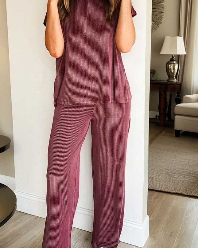 Dark Grey Twisted Ribbed High Neck Loose Tee Elastic High Waist Loose Pant Set