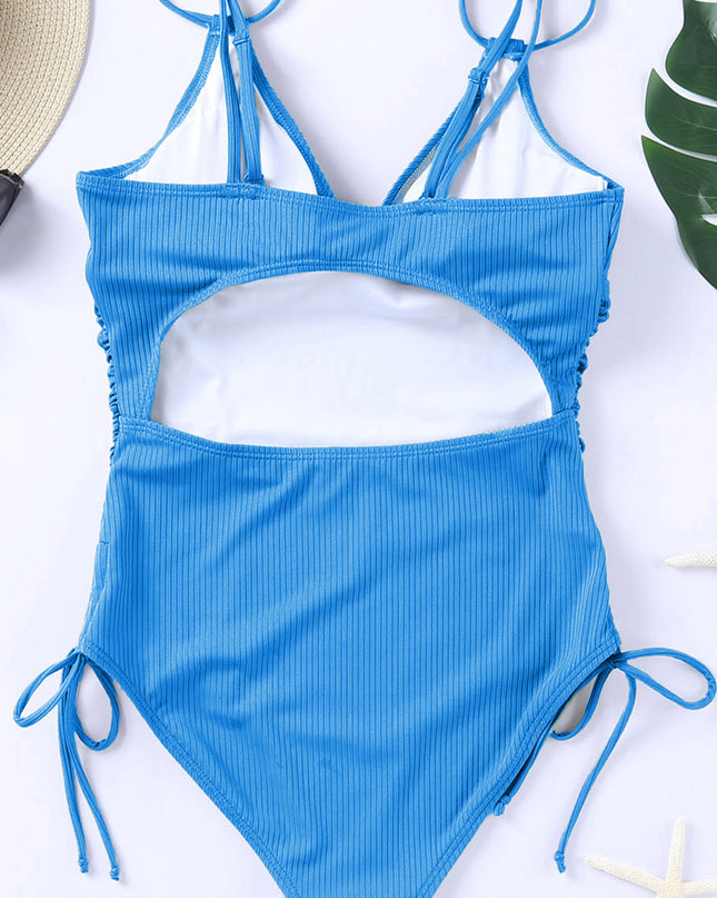 Sky Blue Adjustable Straps Ribbed Knit One Piece Swimsuit