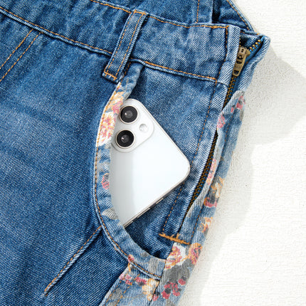 Peacock Blue Floral Patchwork Bib Denim Wide Leg Overalls