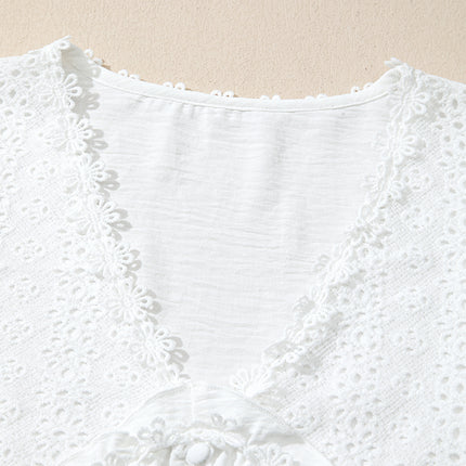 White Solid Color Floral Guipure Patchwork Frilled Long Sleeve Blouse
