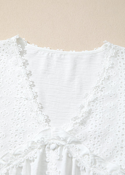 White Solid Color Floral Guipure Patchwork Frilled Long Sleeve Blouse