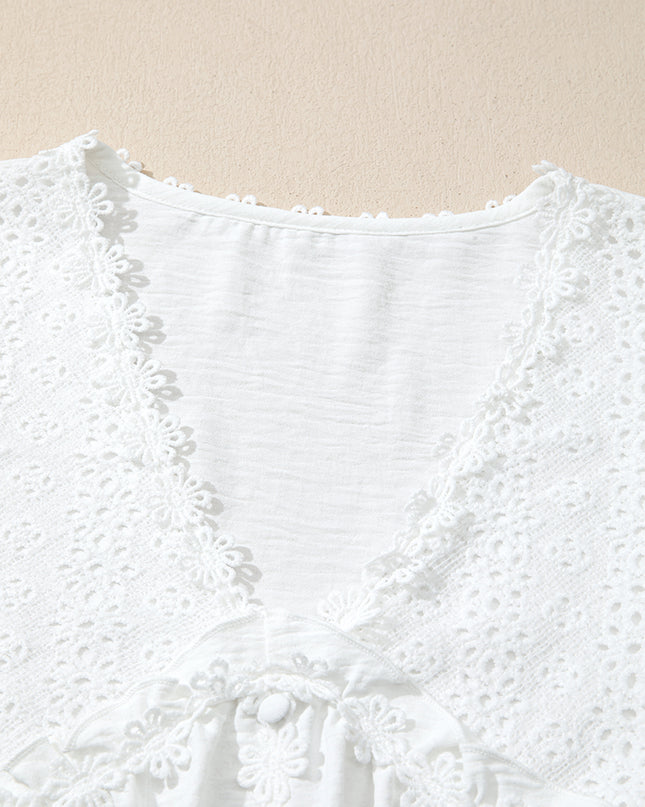 White Solid Color Floral Guipure Patchwork Frilled Long Sleeve Blouse