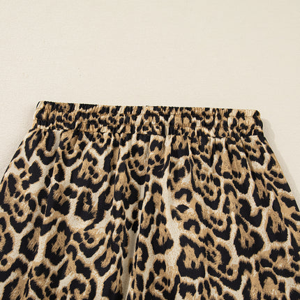 Brown Leopard Collared 3/4 Sleeve Shirt and Loose Pants Two Piece Outfit Set