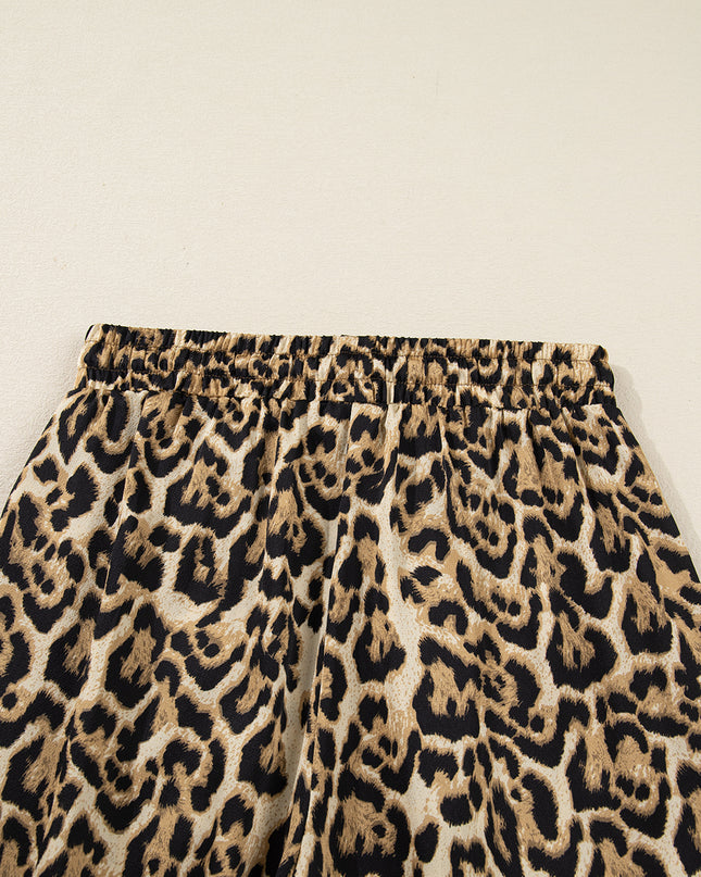 Brown Leopard Collared 3/4 Sleeve Shirt and Loose Pants Two Piece Outfit Set