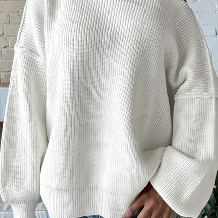 White Asymmetric Neck Drop Shoulder Baggy Slouchy Sweater