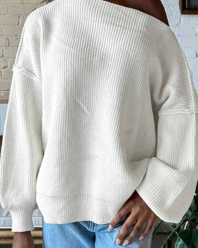 White Asymmetric Neck Drop Shoulder Baggy Slouchy Sweater
