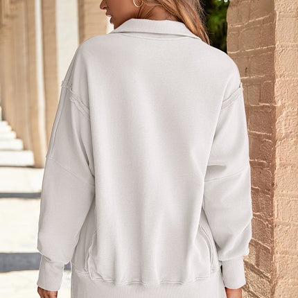 White Buttoned Collared Raw Detail High Low Baggy Sweatshirt with Slits