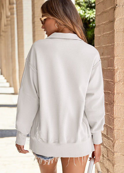White Buttoned Collared Raw Detail High Low Baggy Sweatshirt with Slits