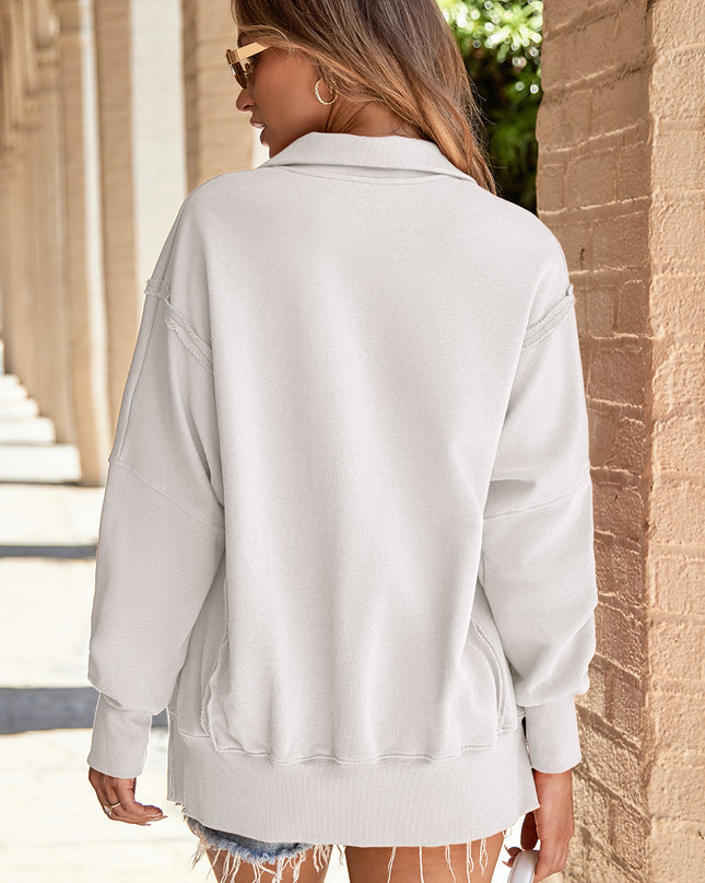 White Buttoned Collared Raw Detail High Low Baggy Sweatshirt with Slits