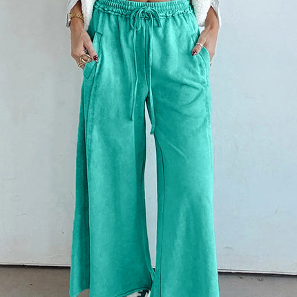 Sea Green Drawstring Elastic Waist Raw Hem Loose Pants