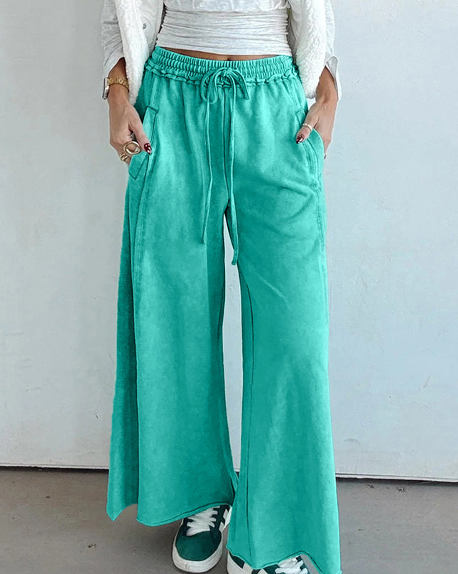 Sea Green Drawstring Elastic Waist Raw Hem Loose Pants