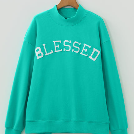 Bright Pink Oversize Blessed Embroidered Mock Neck Sweatshirt