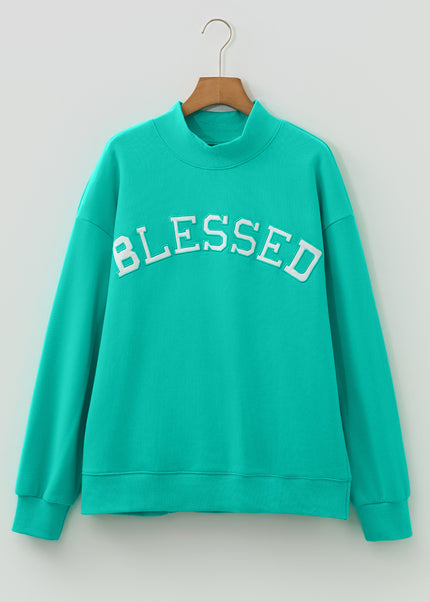 Bright Pink Oversize Blessed Embroidered Mock Neck Sweatshirt