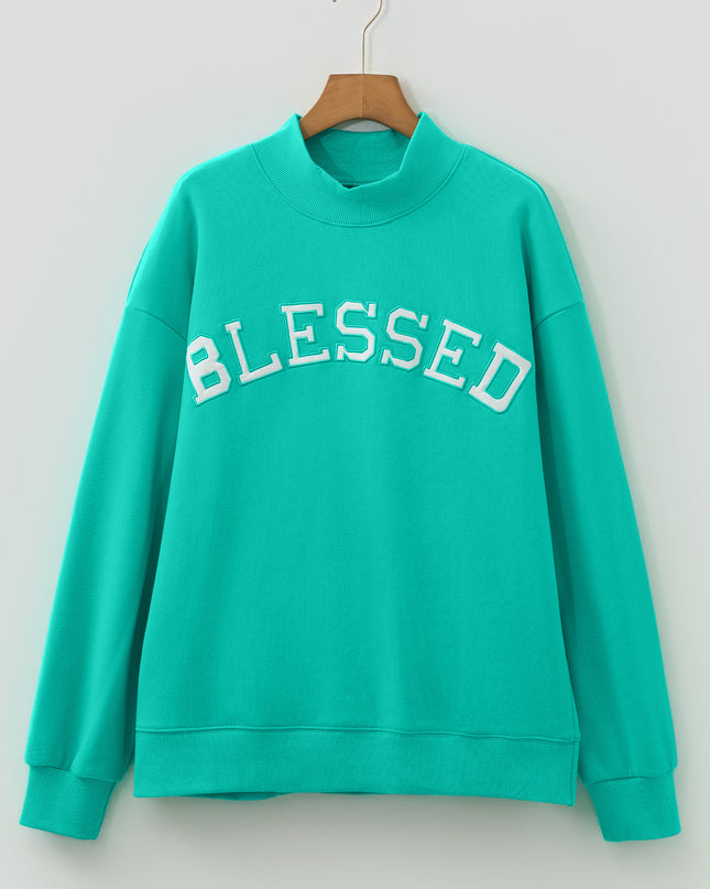 Bright Pink Oversize Blessed Embroidered Mock Neck Sweatshirt
