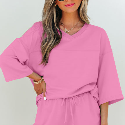 Meadow Mist Green Solid Loose V Neck Half Sleeve Tee and Shorts Set