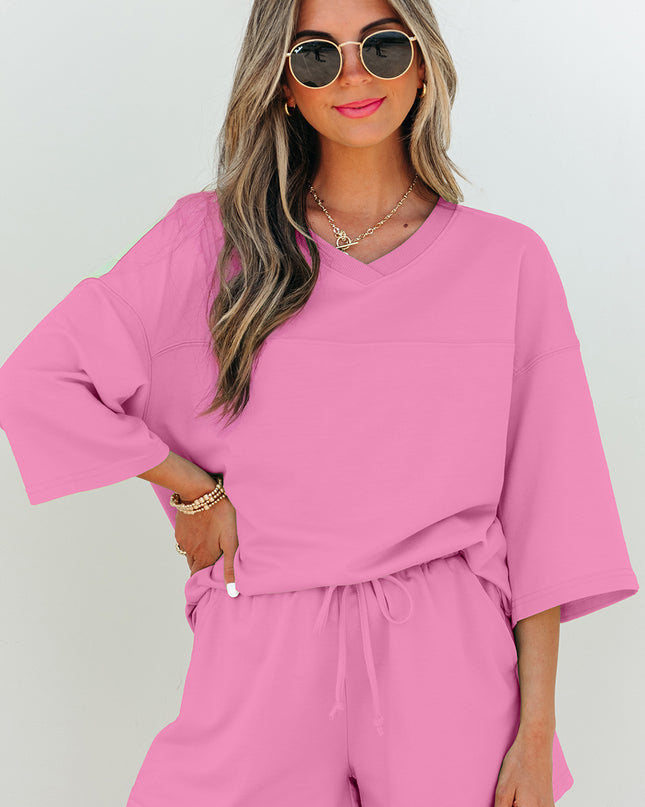 Meadow Mist Green Solid Loose V Neck Half Sleeve Tee and Shorts Set