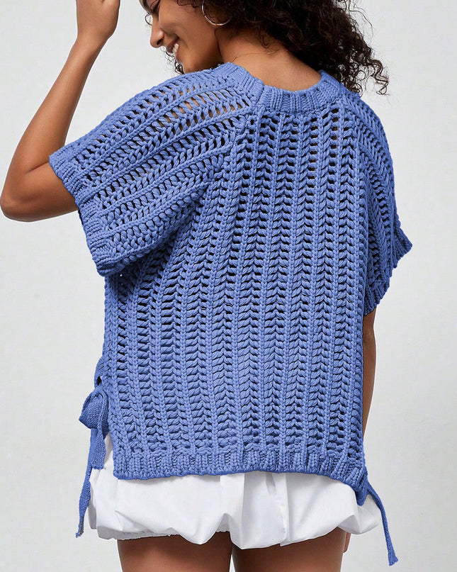 Apricot Plus Size Open Knit Bow Tie Short Sleeve Sweater