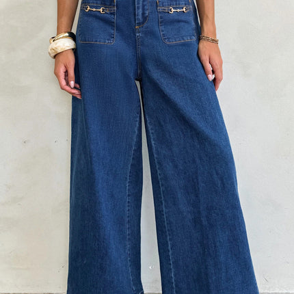 Sail Blue Hardware Decor Patched Pockets Wide Leg Jean Pants