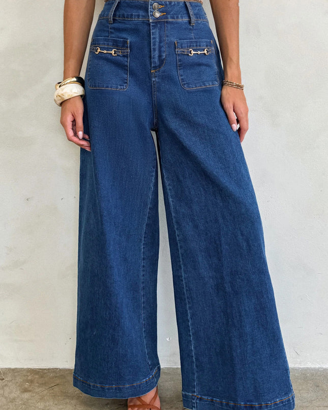 Sail Blue Hardware Decor Patched Pockets Wide Leg Jean Pants