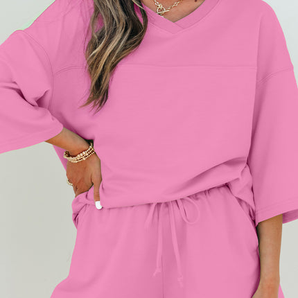 Meadow Mist Green Solid Loose V Neck Half Sleeve Tee and Shorts Set