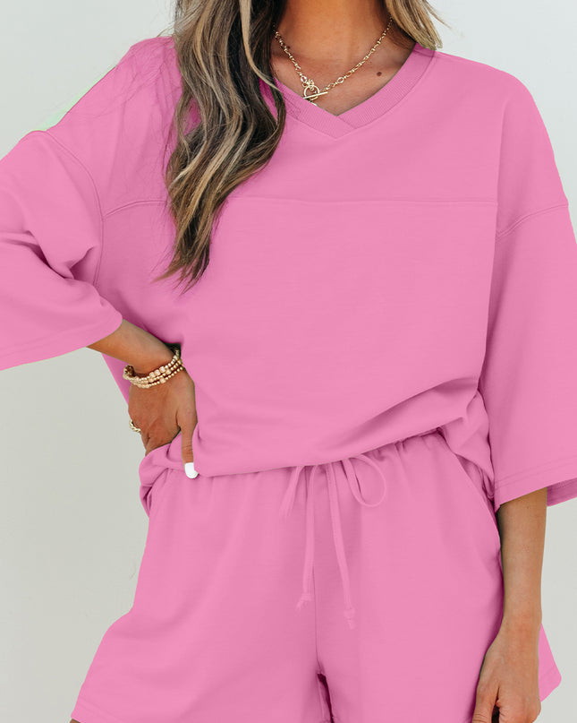 Meadow Mist Green Solid Loose V Neck Half Sleeve Tee and Shorts Set