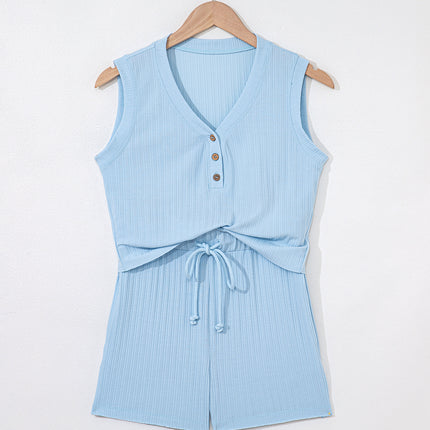 Gossamer Pink Ribbed Button V Neck Tank Top and Shorts Set