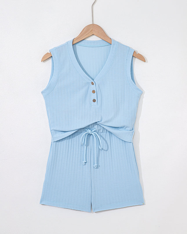 Gossamer Pink Ribbed Button V Neck Tank Top and Shorts Set
