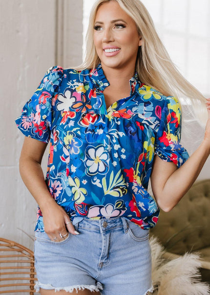 Blue Flower Print Collared V Neck Puff Short Sleeve Loose Blouse