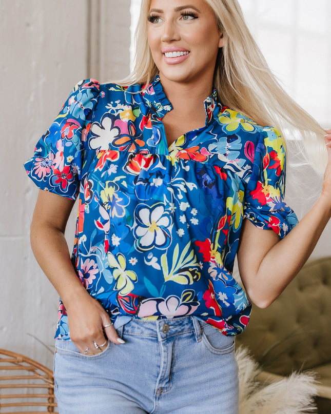 Blue Flower Print Collared V Neck Puff Short Sleeve Loose Blouse