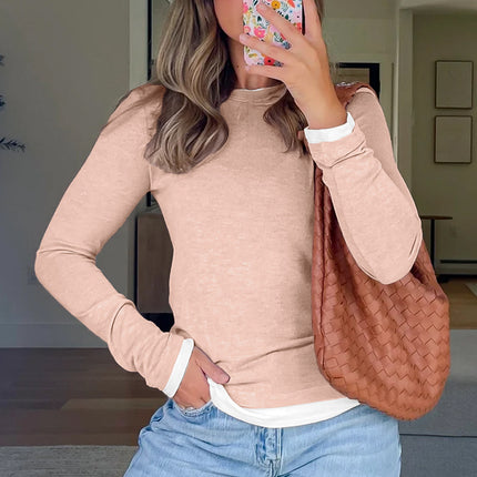 Smoke Gray False Two Piece Color Block Patchwork Long Sleeve Top