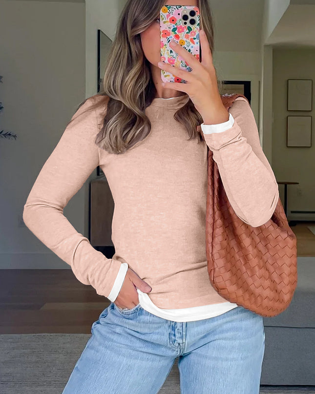 Smoke Gray False Two Piece Color Block Patchwork Long Sleeve Top