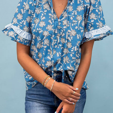Blue Floral Print Button Tie Neck Striped Detail Short Sleeve Blouse
