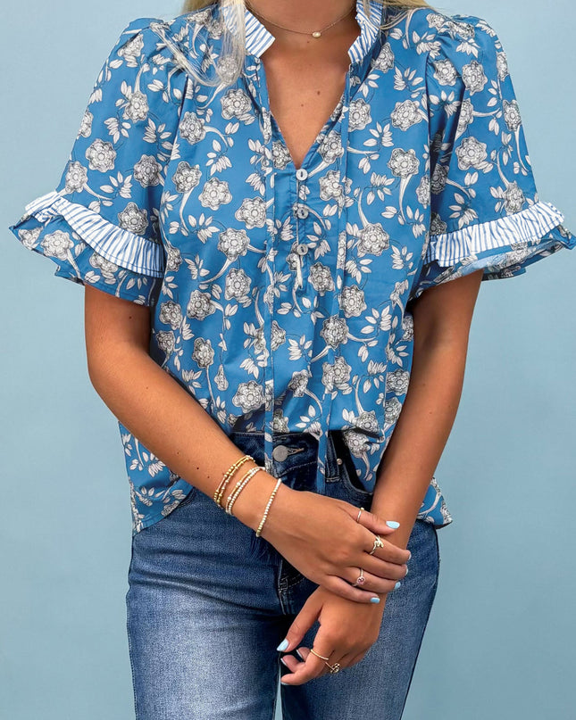 Blue Floral Print Button Tie Neck Striped Detail Short Sleeve Blouse