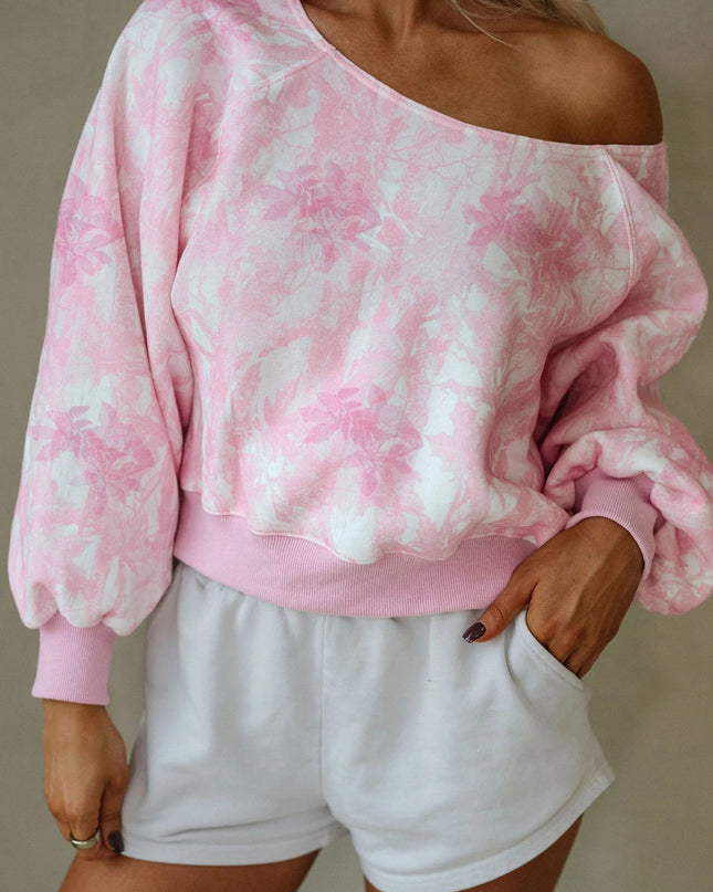 Pink Abstract Woodland Print Asymmetric Shoulder Long Sleeve Top