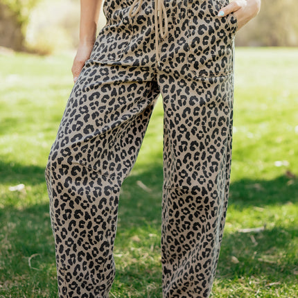 Khaki Leopard Print Drawstring Elastic Waist Loose Denim Pants with Pockets