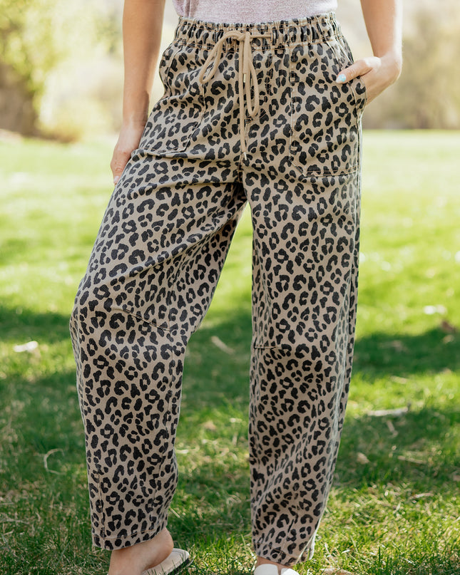 Khaki Leopard Print Drawstring Elastic Waist Loose Denim Pants with Pockets