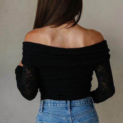 Black Floral Lace Off-shoulder Long Sleeve Slim Top