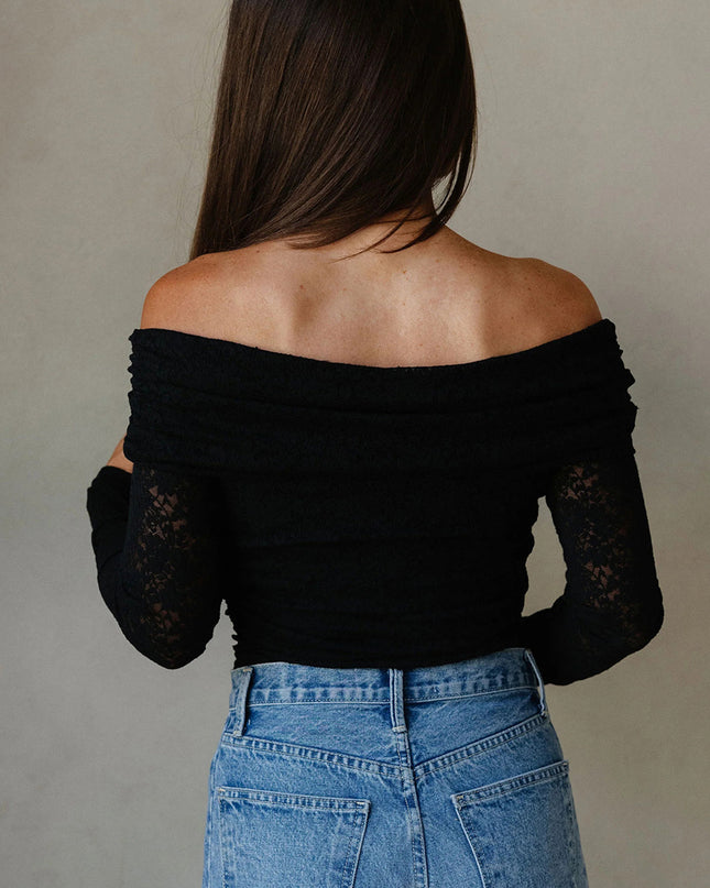 Black Floral Lace Off-shoulder Long Sleeve Slim Top