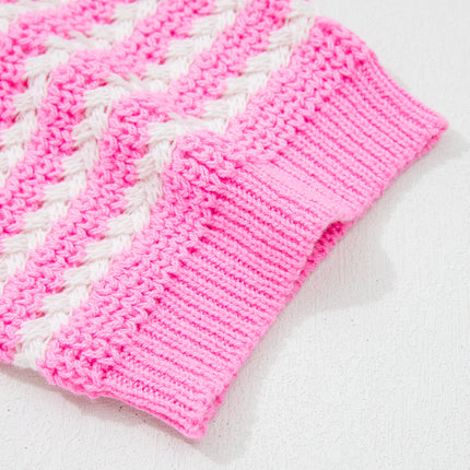 Pink Stripe Short Sleeve Knit V Neck Bow Knot Sweater