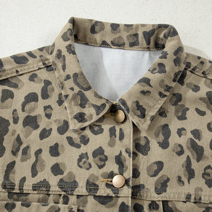 Khaki Retro Leopard Print Seam Detail Button Down Denim Jacket