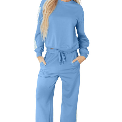 Beau Blue Floral Patchwork Drop Shoulder Pullover and Sweatpants Lounge Set