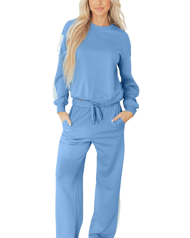 Beau Blue Floral Patchwork Drop Shoulder Pullover and Sweatpants Lounge Set