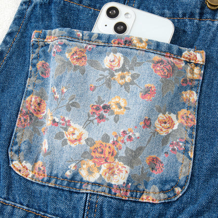 Peacock Blue Floral Patchwork Bib Denim Wide Leg Overalls